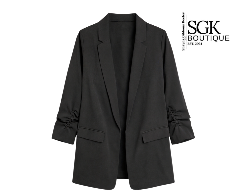 Black blazer on a white background with SGK Boutique logo.