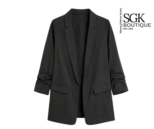 Black blazer on a white background with SGK Boutique logo.
