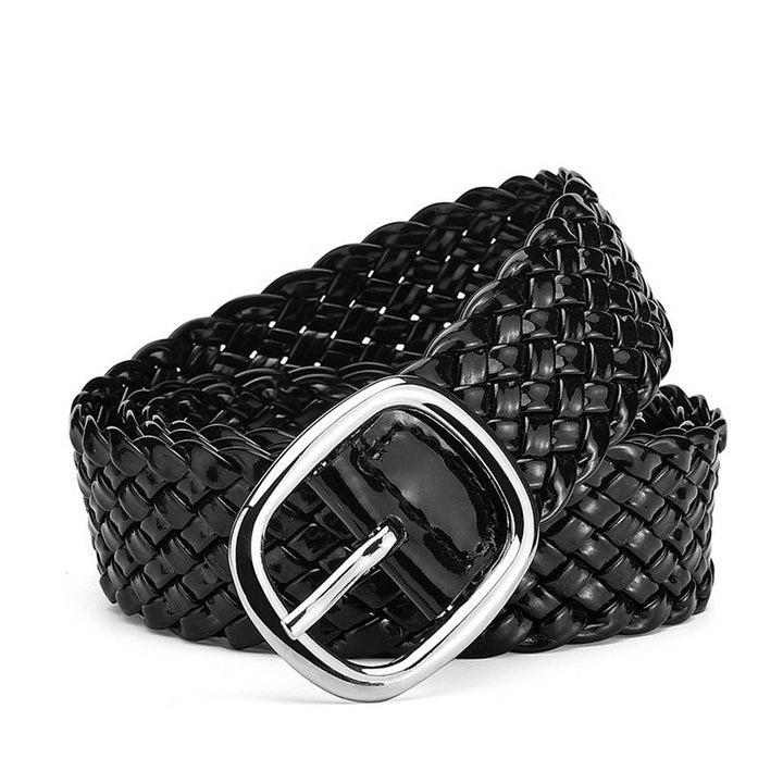Black woven belt with a silver buckle on a white background