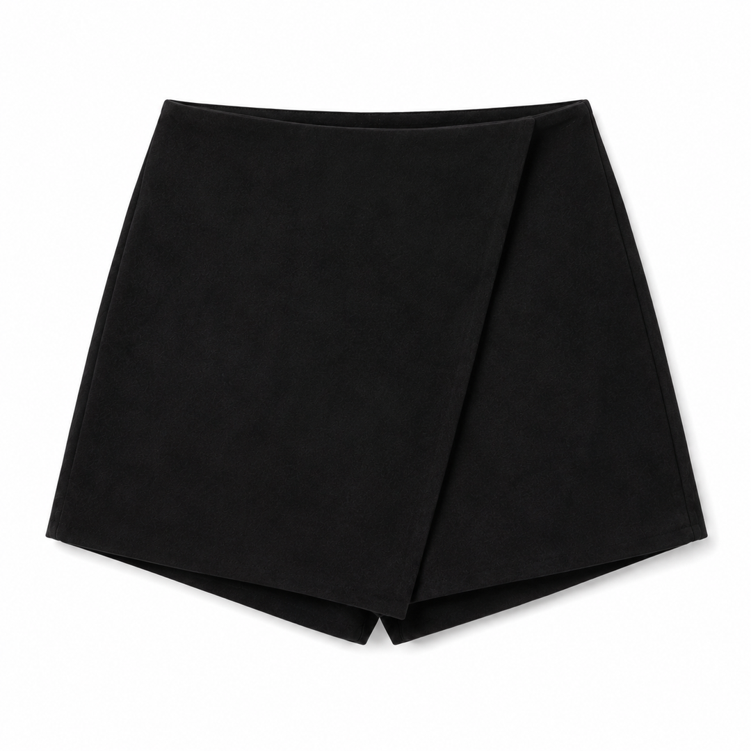 A black wrap-style skort with an asymmetrical draped front, displayed flat against a clean white background.