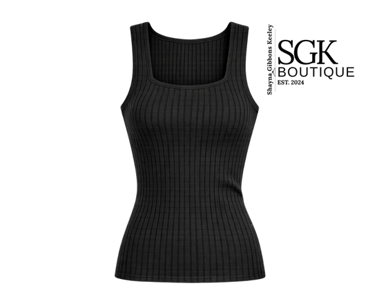 Black ribbed tank top on a white background with SGK Boutique branding.