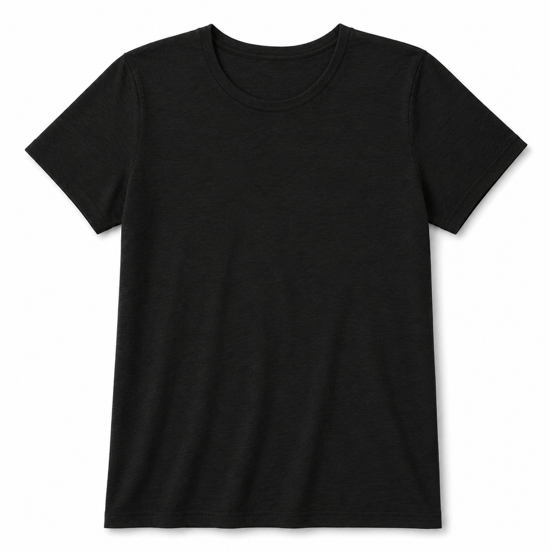 A classic black short-sleeve crewneck t-shirt shown flat against a clean white background.