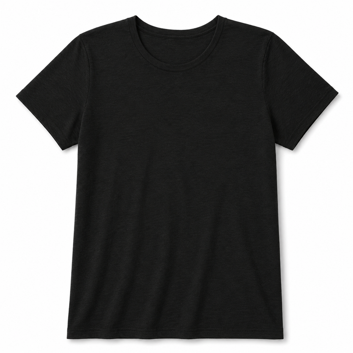 A classic black short-sleeve crewneck t-shirt shown flat against a clean white background.