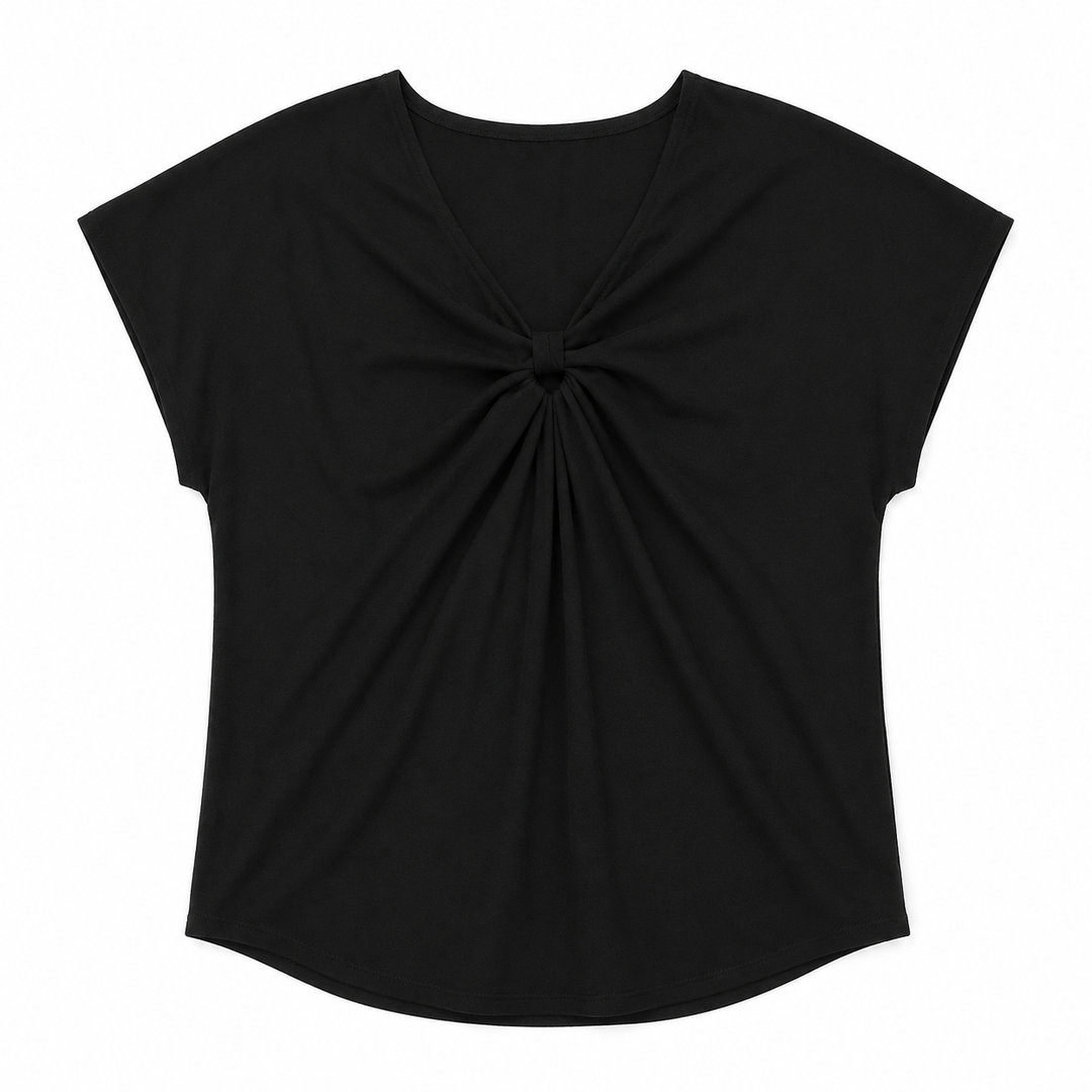 Black top with a knot detail on a white background
