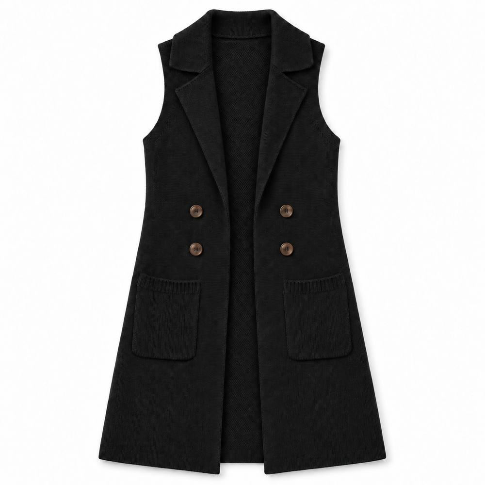 A black sleeveless double-breasted vest with notched lapels and two front patch pockets, shown flat against a plain white background.