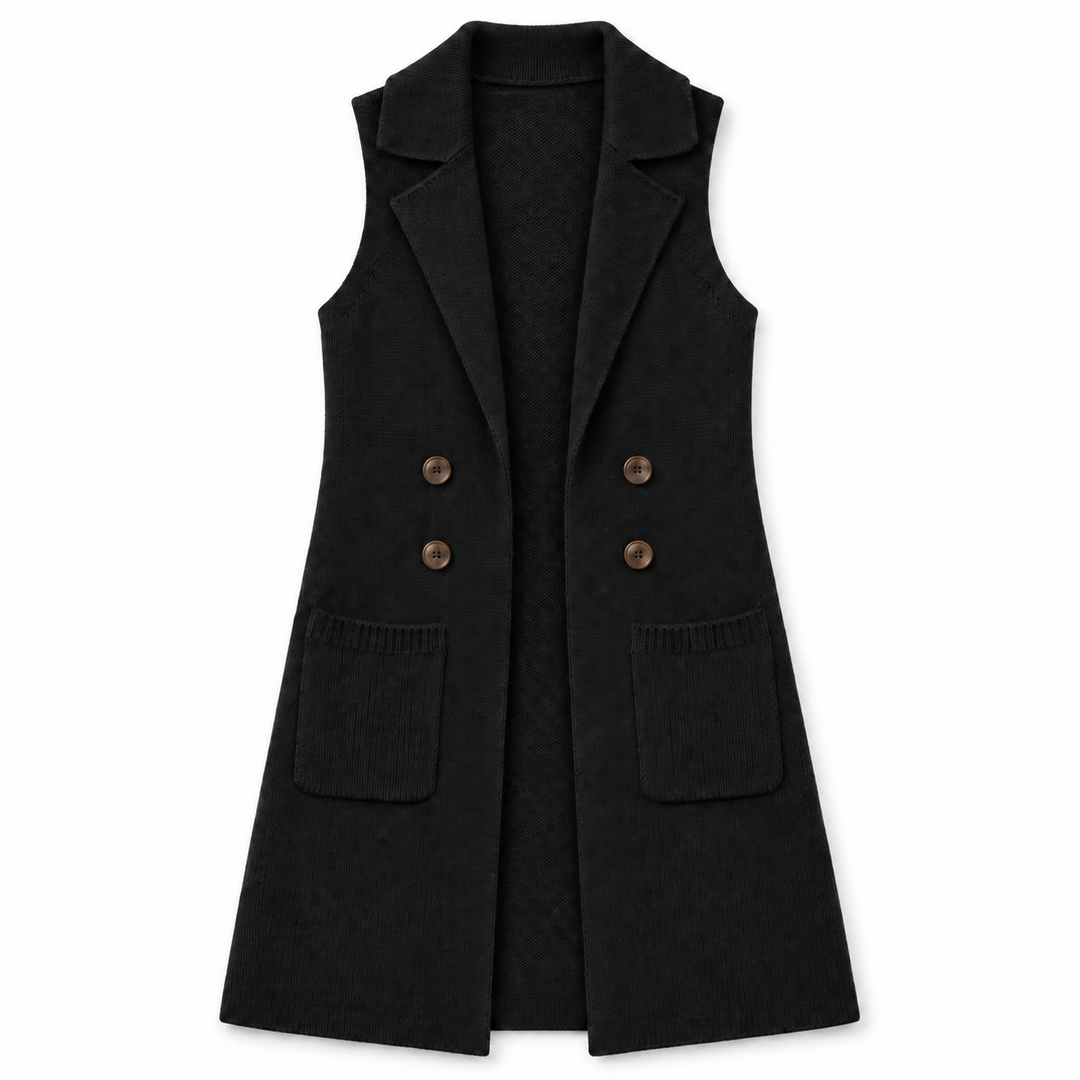 A black sleeveless double-breasted vest with notched lapels and two front patch pockets, shown flat against a plain white background.