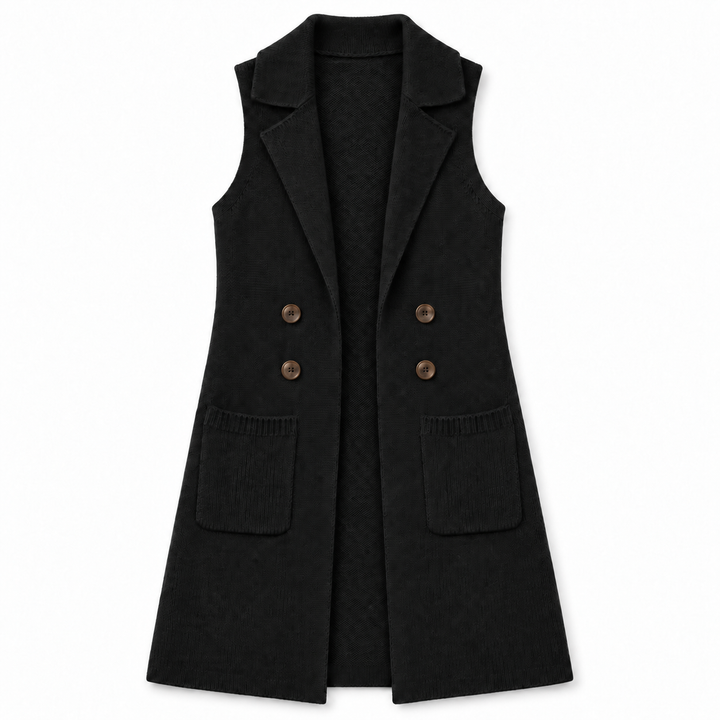 A black sleeveless double-breasted vest with notched lapels and two front patch pockets, shown flat against a plain white background.