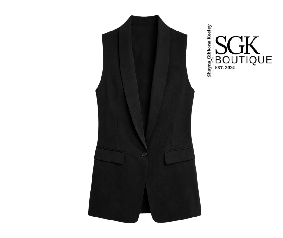 Black vest on a white background with SGK Boutique branding.