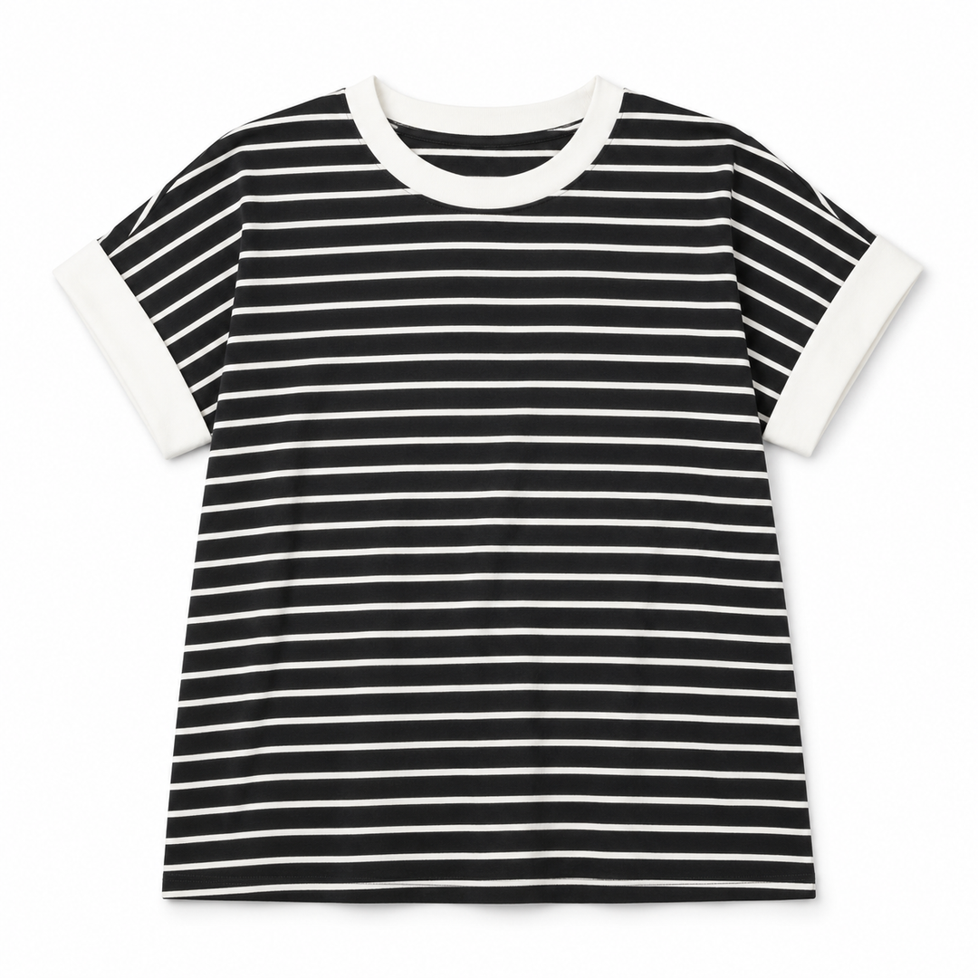 A short-sleeve t-shirt with horizontal black and white stripes, featuring solid white ribbed trim on the crew neck and sleeve cuffs, displayed against a clean white background.