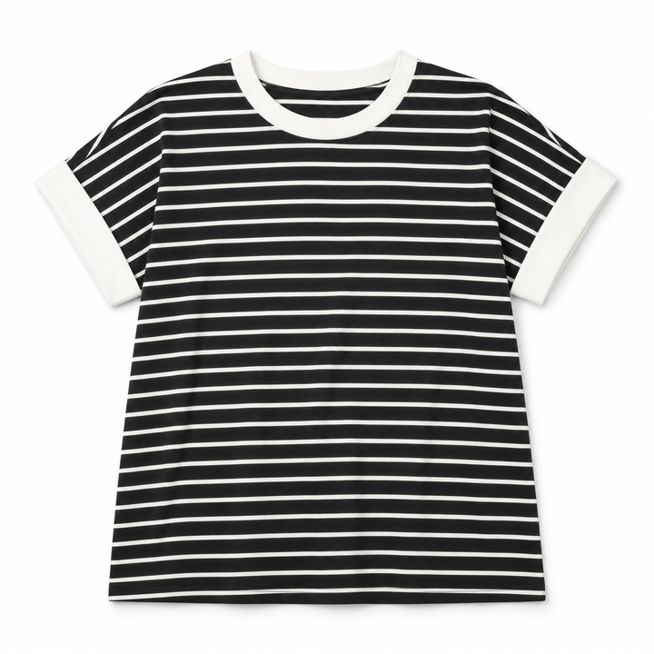 A short-sleeve t-shirt with horizontal black and white stripes, featuring solid white ribbed trim on the crew neck and sleeve cuffs, displayed against a clean white background.