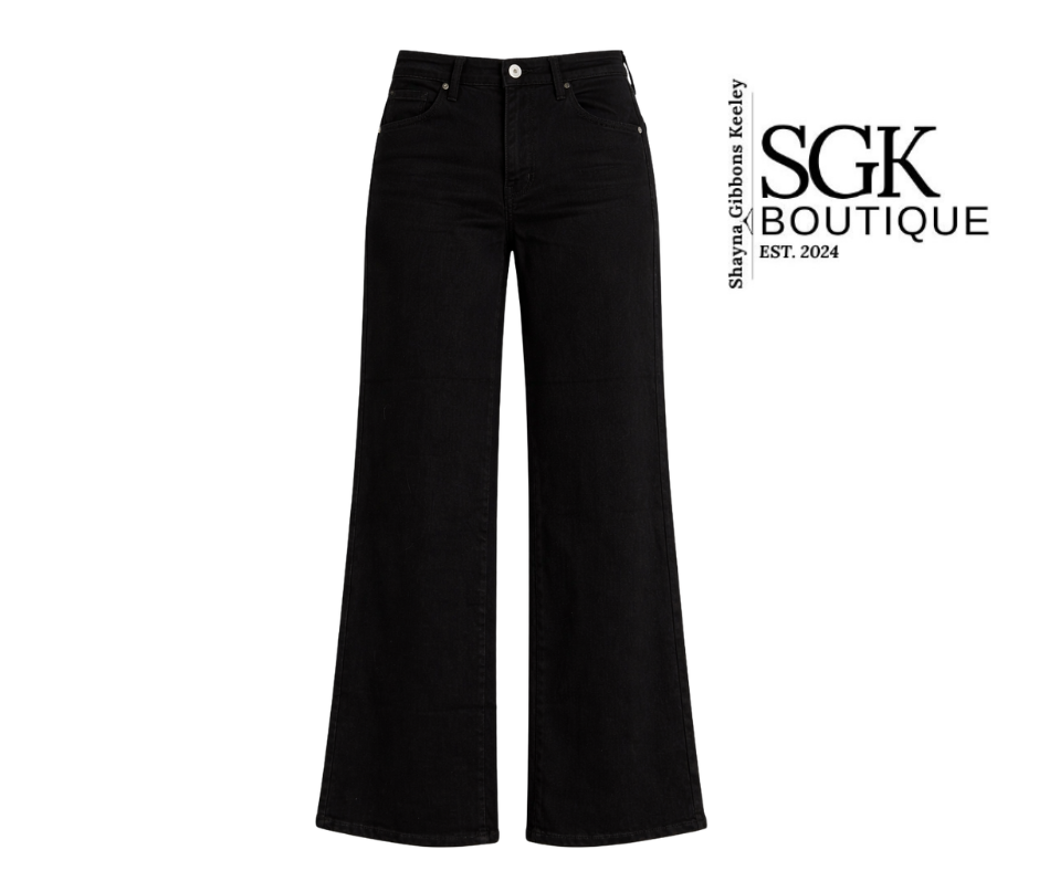 Black wide-leg jeans on a white background with SGK Boutique logo.