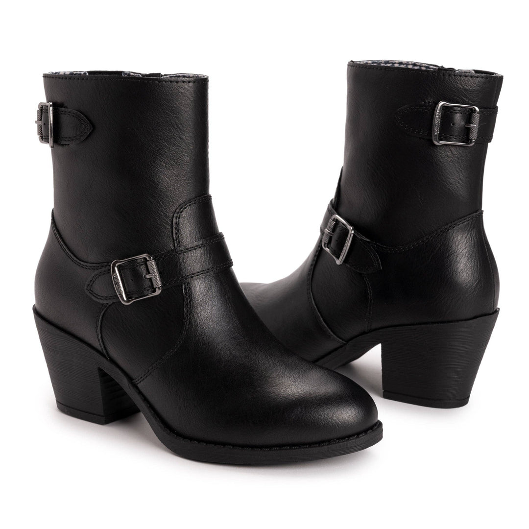 A pair of black faux-leather ankle boots with block heels and silver buckle straps, shown on a plain white background.