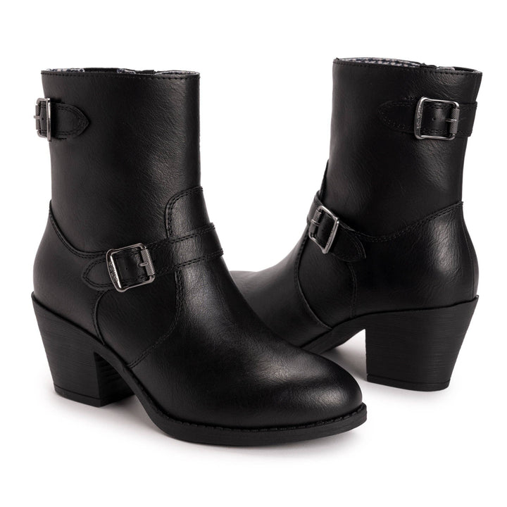 A pair of black faux-leather ankle boots with block heels and silver buckle straps, shown on a plain white background.