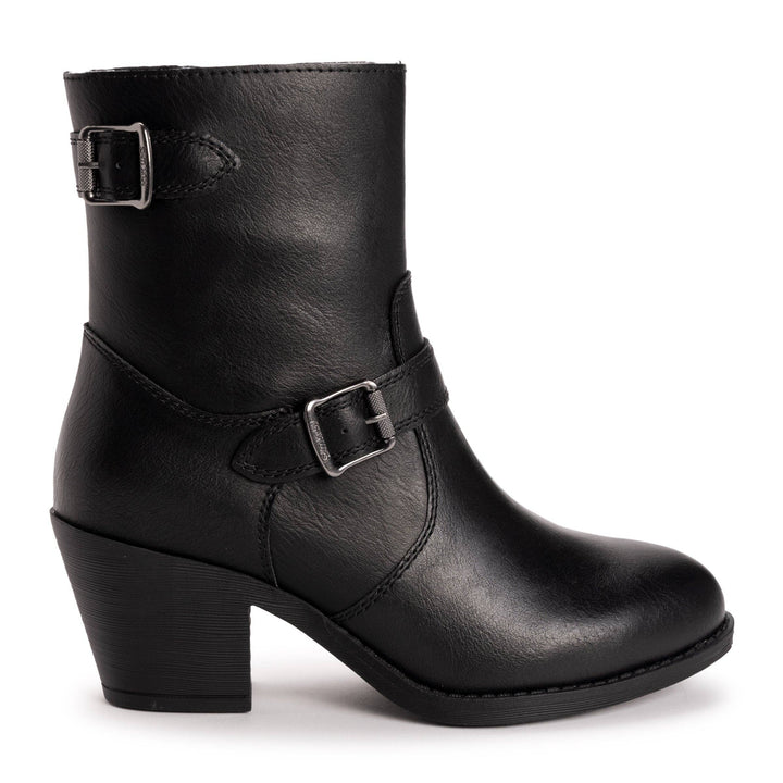A black leather ankle boot with a block heel, featuring a decorative strap with a silver buckle across the instep and a matching buckle on the collar, shown against a plain white background.