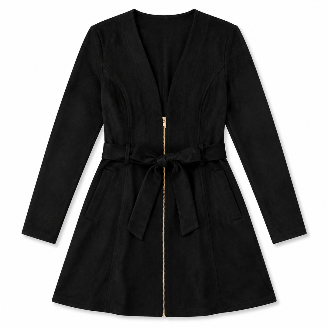 A black long-sleeve wrap-style coat with a front zipper, tie belt, and side pockets, shown flat against a white background.