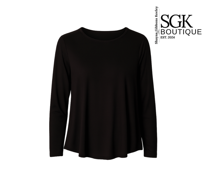 Black long-sleeve top on a white background with SGK Boutique logo.