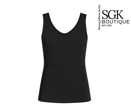 Black tank top on a white background with SGK Boutique branding.