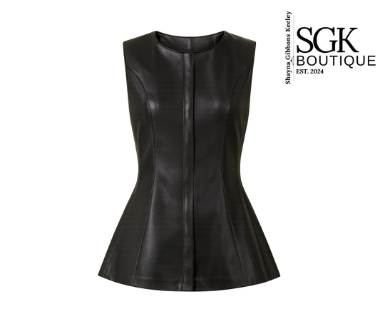 Black leather sleeveless top on a white background with SGK Boutique branding.
