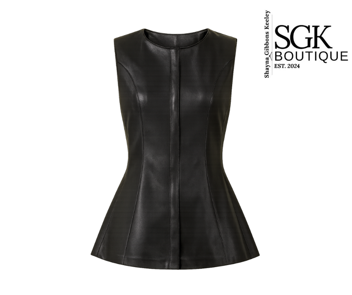 Black leather sleeveless top on a white background with SGK Boutique branding.