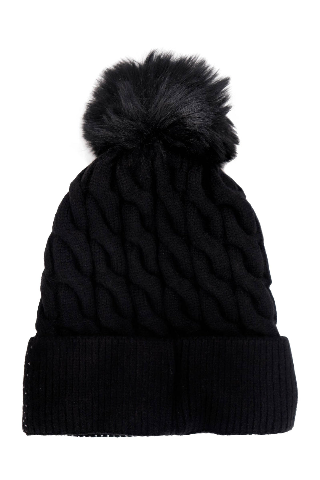 Black knit beanie with a fluffy pom-pom on a white background