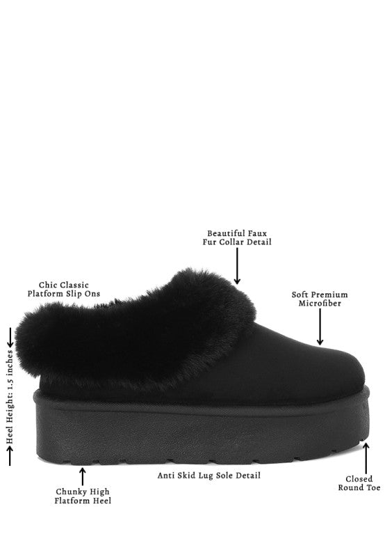 Black slip-on shoe with fur collar on a white background, featuring text labels describing features.