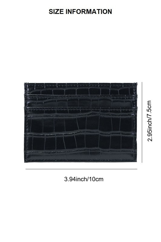 Black crocodile-patterned cardholder with size measurements on a white background