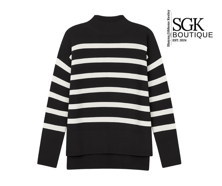 Black and white striped sweater on a white background with SGK Boutique logo.
