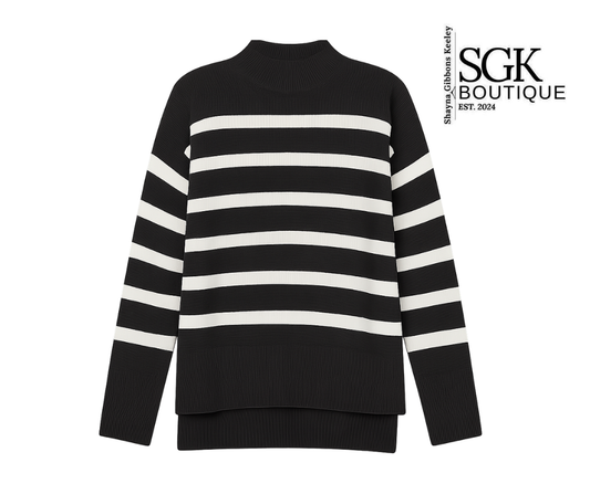 Black and white striped sweater on a white background with SGK Boutique logo.