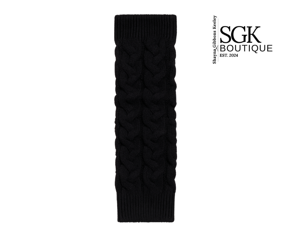 Black knitted sleeve on a white background with SGK Boutique logo.