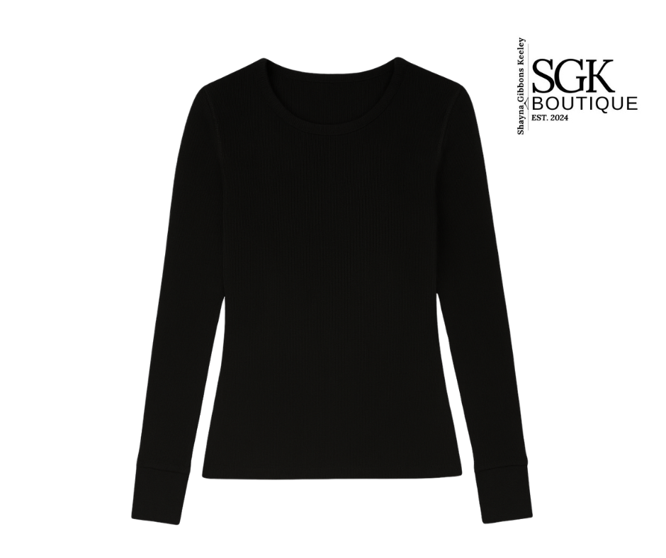 Black long-sleeve shirt on a white background with SGK Boutique branding.