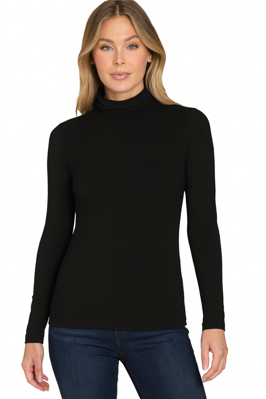 Woman wearing a black turtleneck sweater on a white background