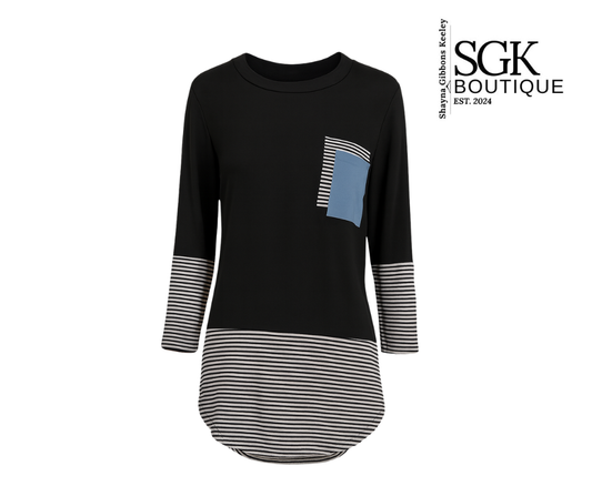 Black long-sleeve top with striped design and blue pocket, featuring SGK Boutique logo.