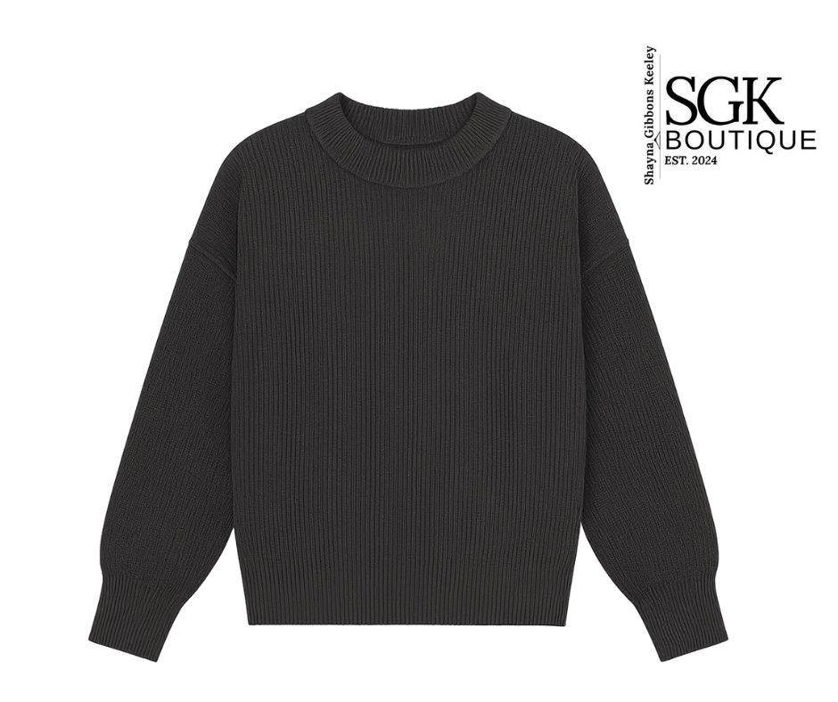 Black sweater on a white background with SGK Boutique logo.