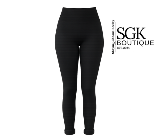 Black leggings with SGK Boutique branding on a white background