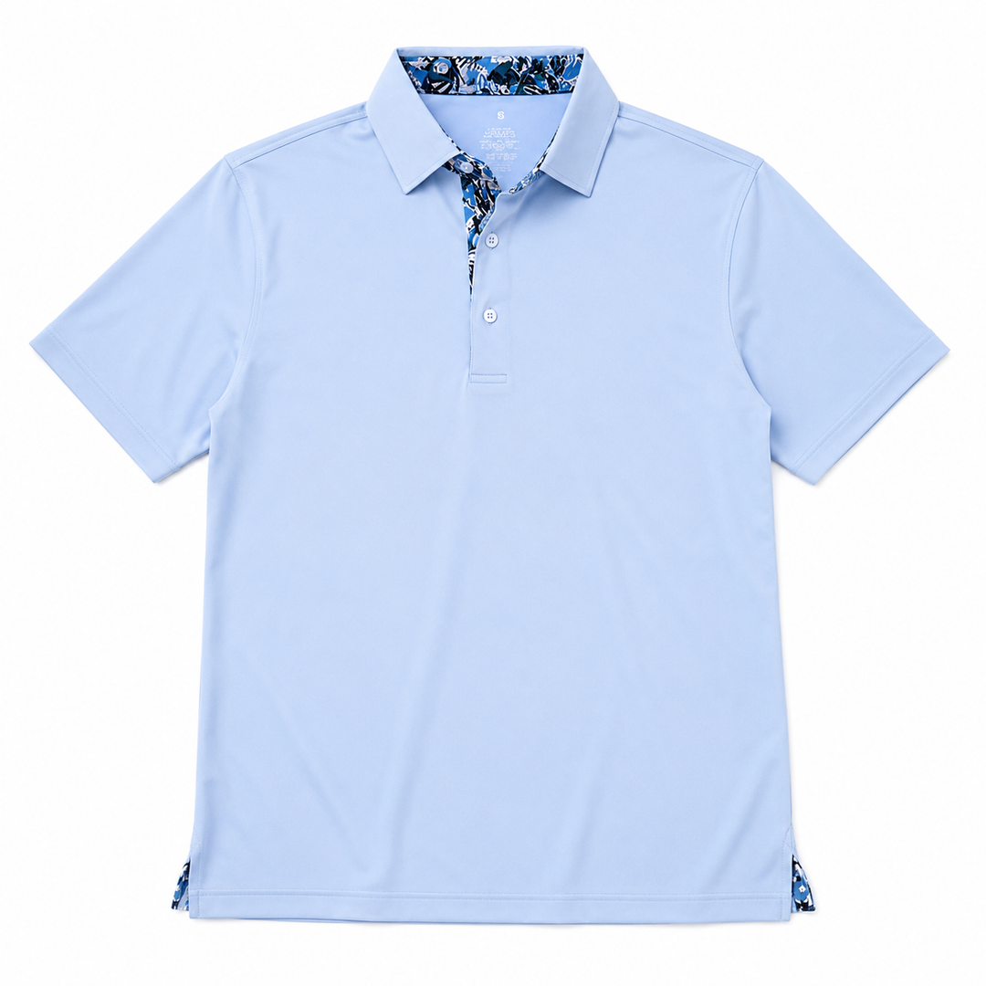 Light blue polo shirt with floral collar on a white background