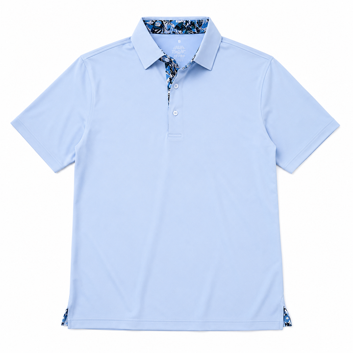 Light blue polo shirt with floral collar on a white background
