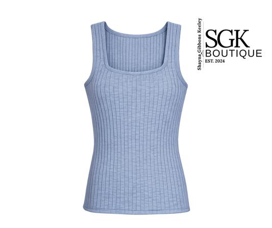 Light blue ribbed tank top on a white background with SGK Boutique branding.