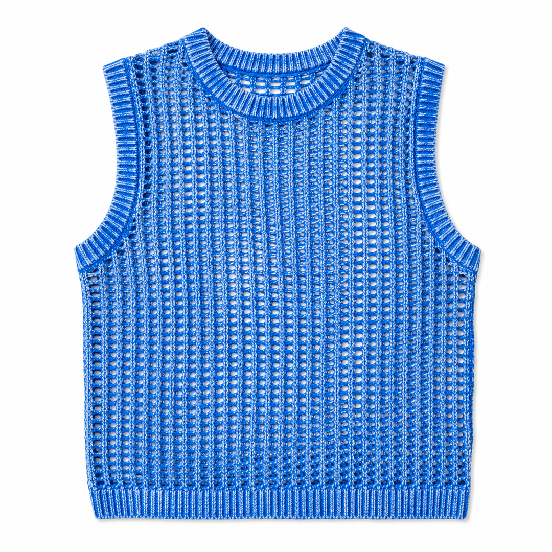 Blue sleeveless knitted top on a white background