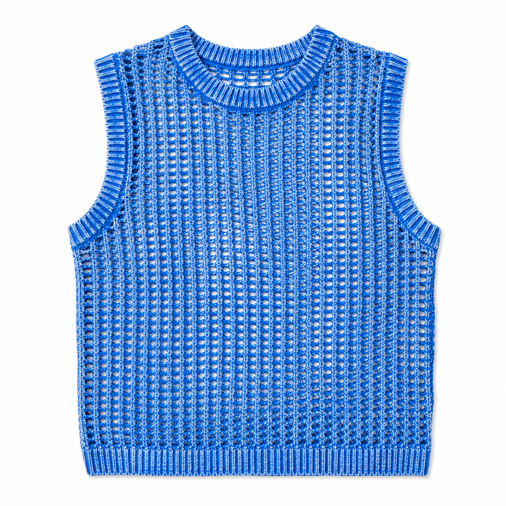 Blue sleeveless knitted top on a white background