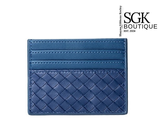 Blue woven cardholder with 'SGK Boutique' branding on a white background