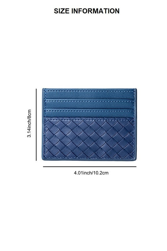 Blue woven cardholder with size measurements on a white background