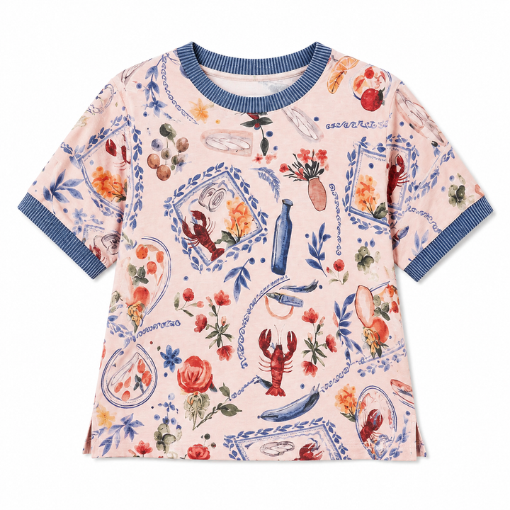 Short-sleeve shirt with colorful lobster and floral pattern on a white background