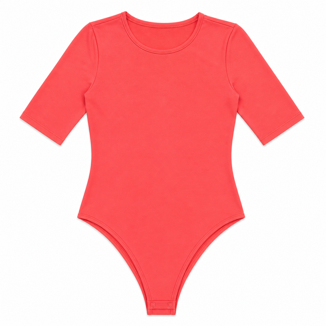 Bright coral bodysuit with long sleeves on a white background