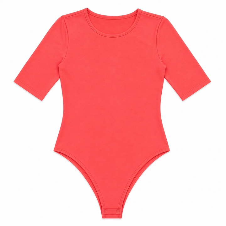 Bright coral bodysuit with long sleeves on a white background