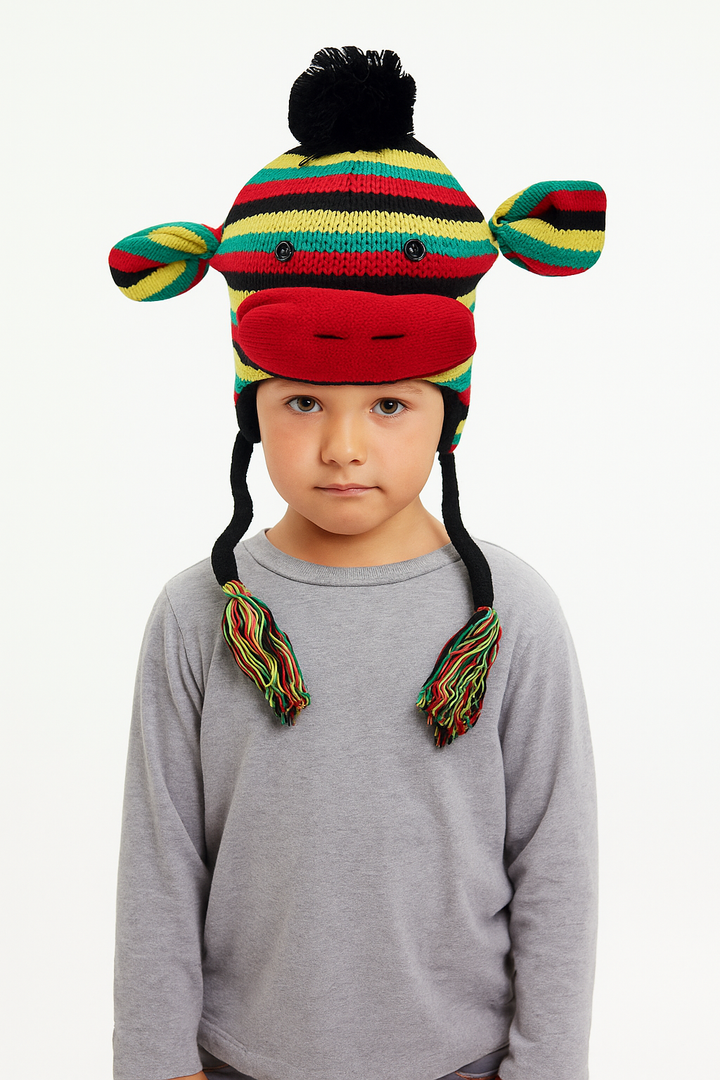 Child wearing a colorful monkey hat with braided pigtails on a white background