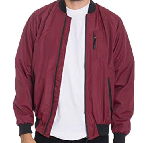 Man wearing a burgundy bomber jacket with black accents on a white background