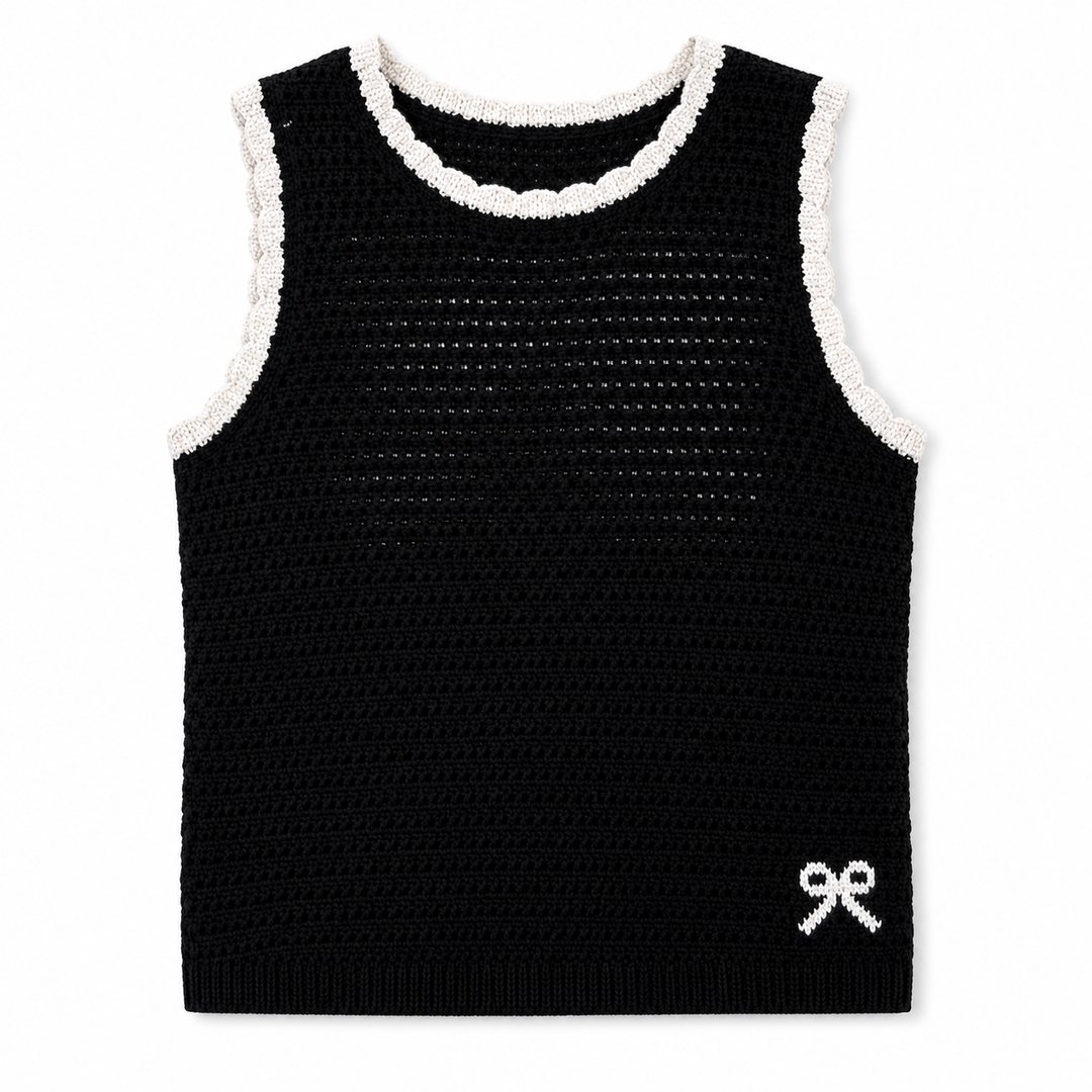 Black sleeveless top with white trim on a white background