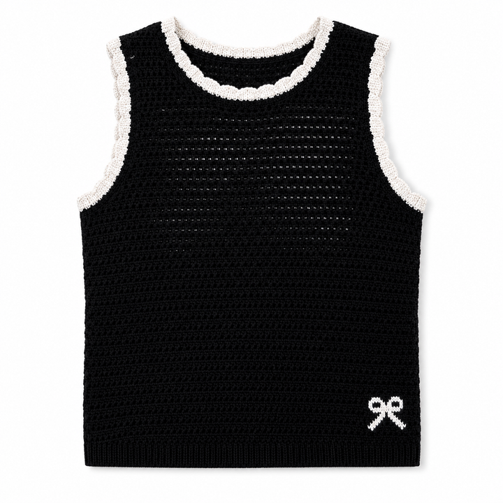Black sleeveless top with white trim on a white background