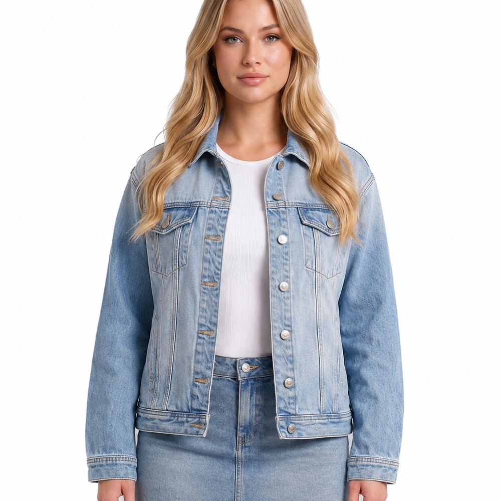 A woman modeling a light-wash blue denim jacket over a white top and matching denim skirt, photographed against a plain white studio background.