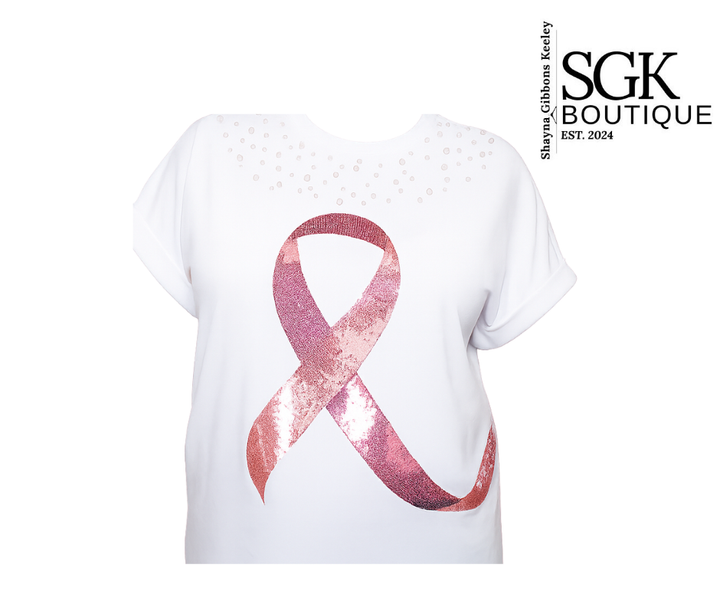 White t-shirt with pink breast cancer awareness ribbon design on a white background, featuring SGK Boutique logo.